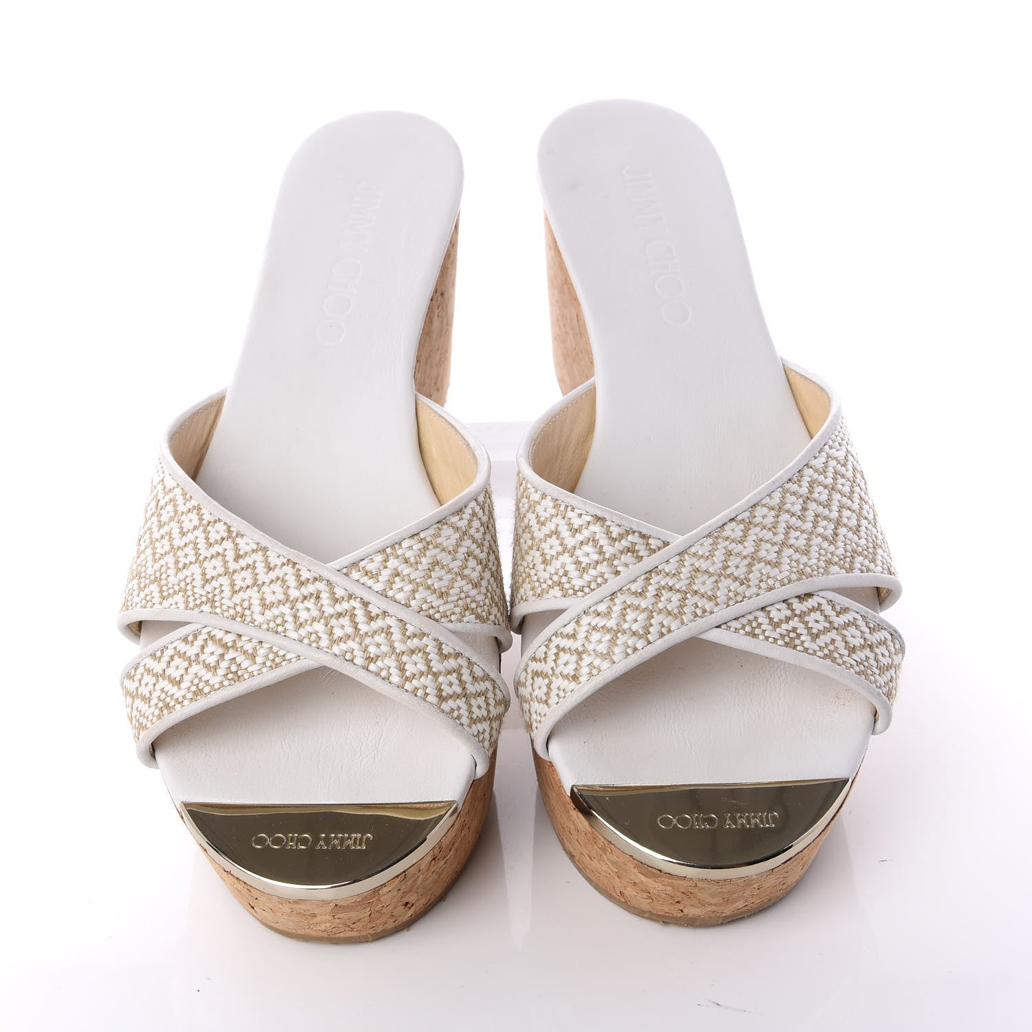 Jimmy Choo Woven Fabric Cork Prima Wedge Sandals 37 White Marble 5 of 9
