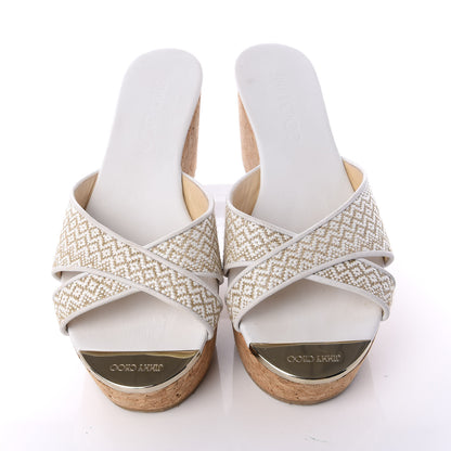 Jimmy Choo Woven Fabric Cork Prima Wedge Sandals 37 White Marble 5 of 9