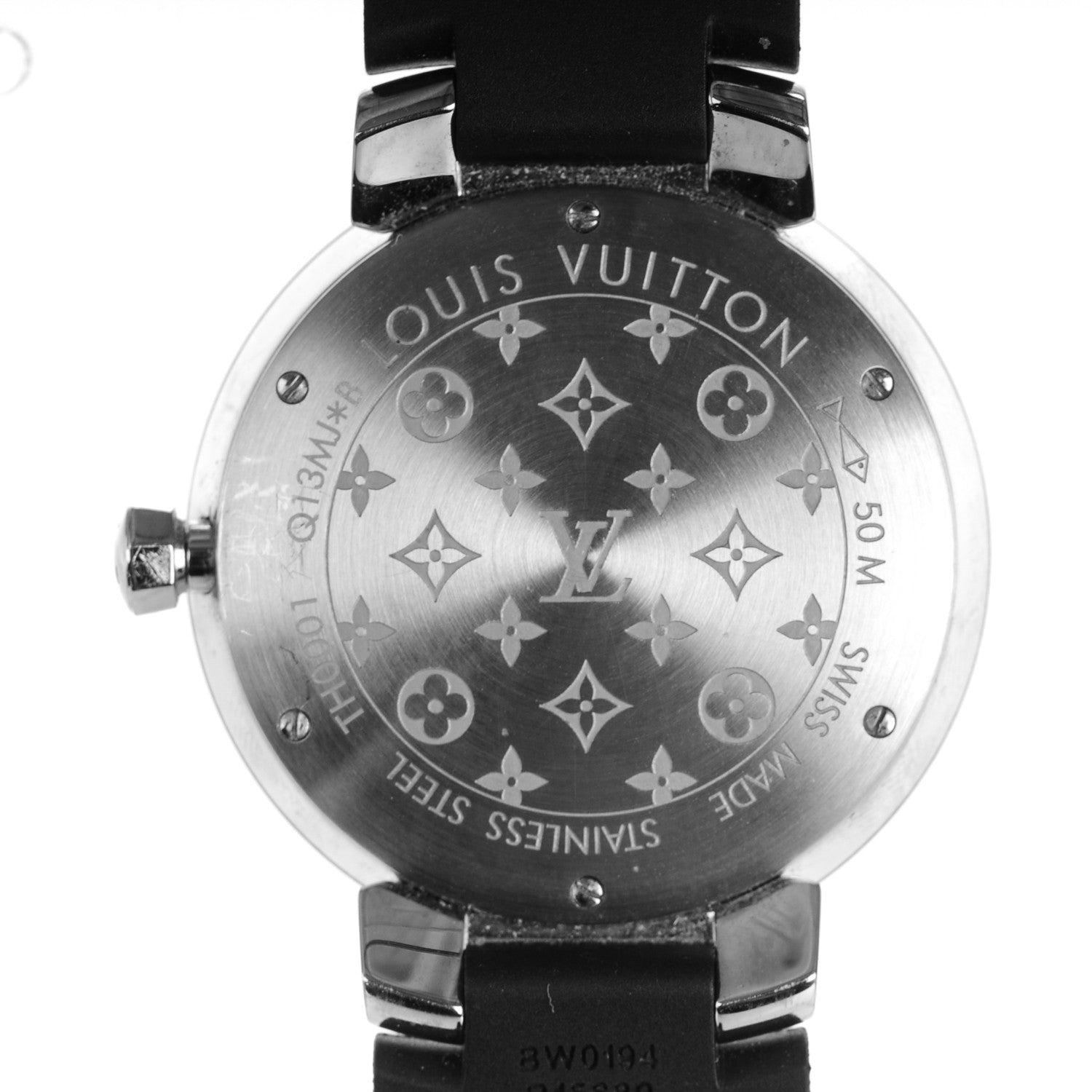 Louis Vuitton Stainless Steel Rubber Diamond 33mm Tambour Slim Quartz Watch 3 of 9