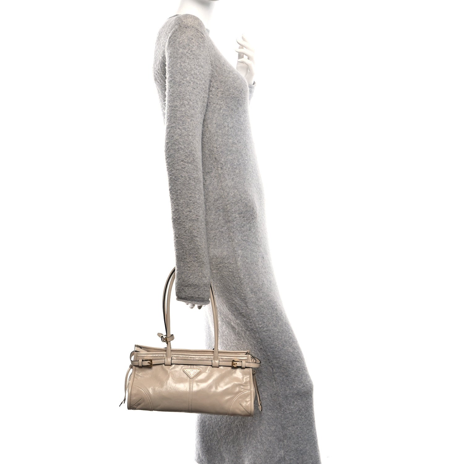 Prada Glossy Calfskin Triangle Medium Bonnie Shoulder Bag Travertine 2 of 10