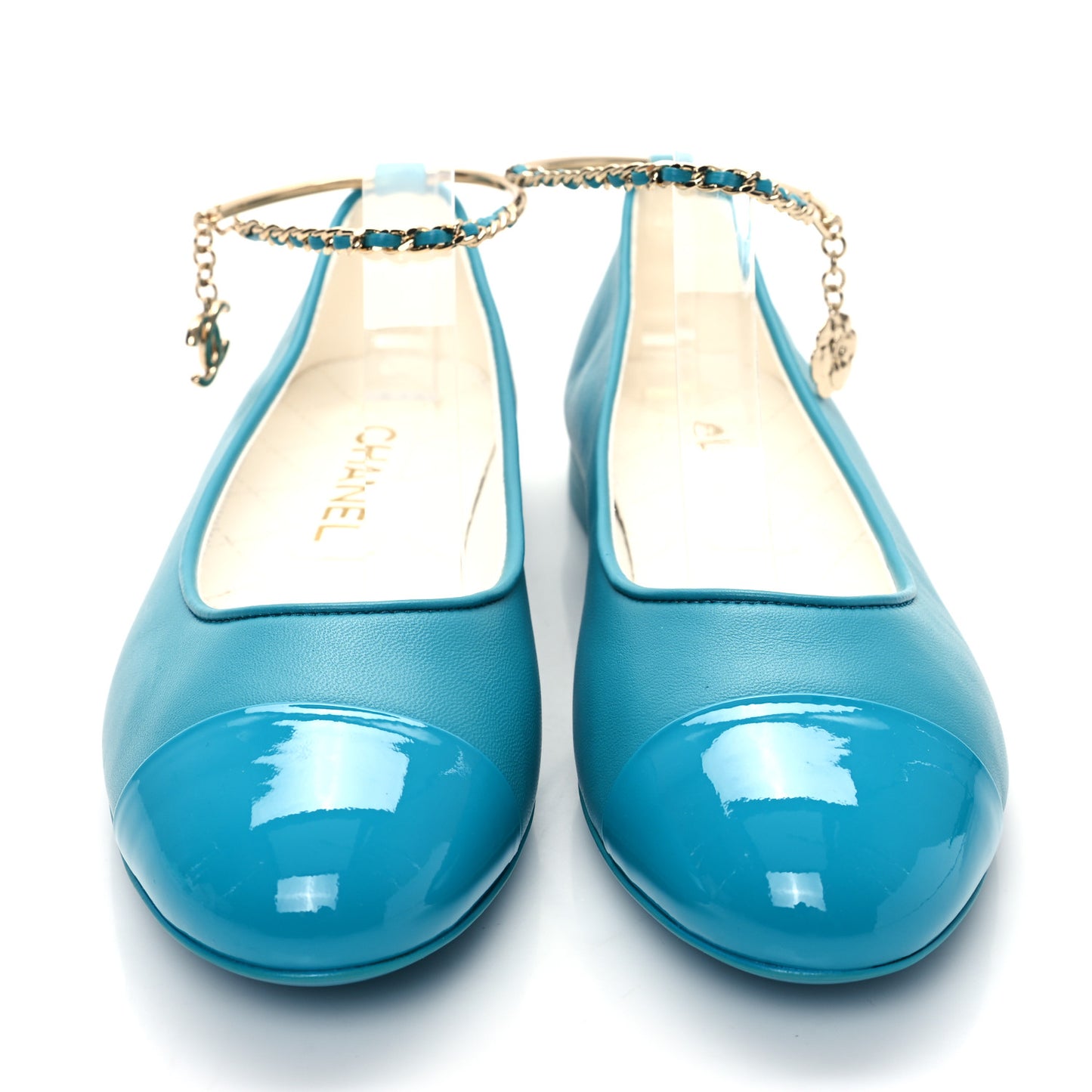 Lambskin Patent Calfskin Cap Toe Ankle Chain Ballerina Flats 38 Turquoise