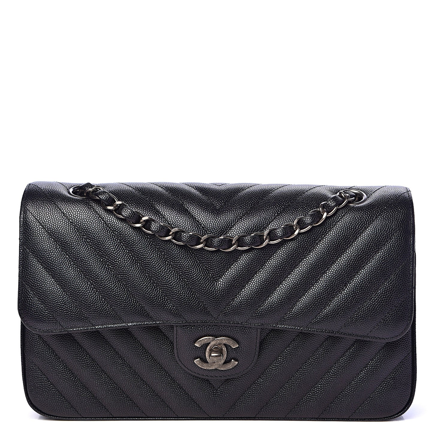 Iridescent Caviar Chevron Quilted Medium Double Flap Black