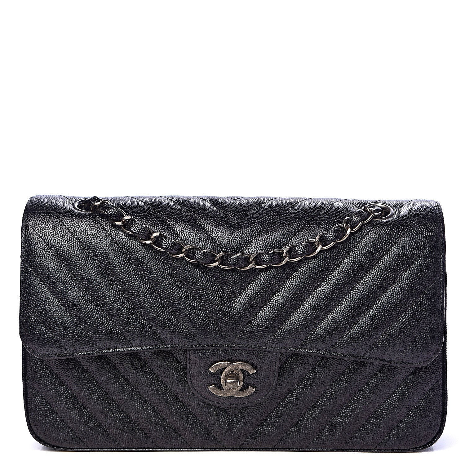 Chanel Iridescent Caviar Chevron Quilted Medium Double Flap Black 1 of 12