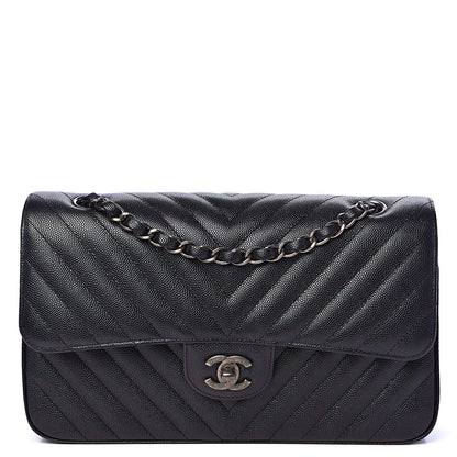 Chanel Iridescent Caviar Chevron Quilted Medium Double Flap Black 1 of 12