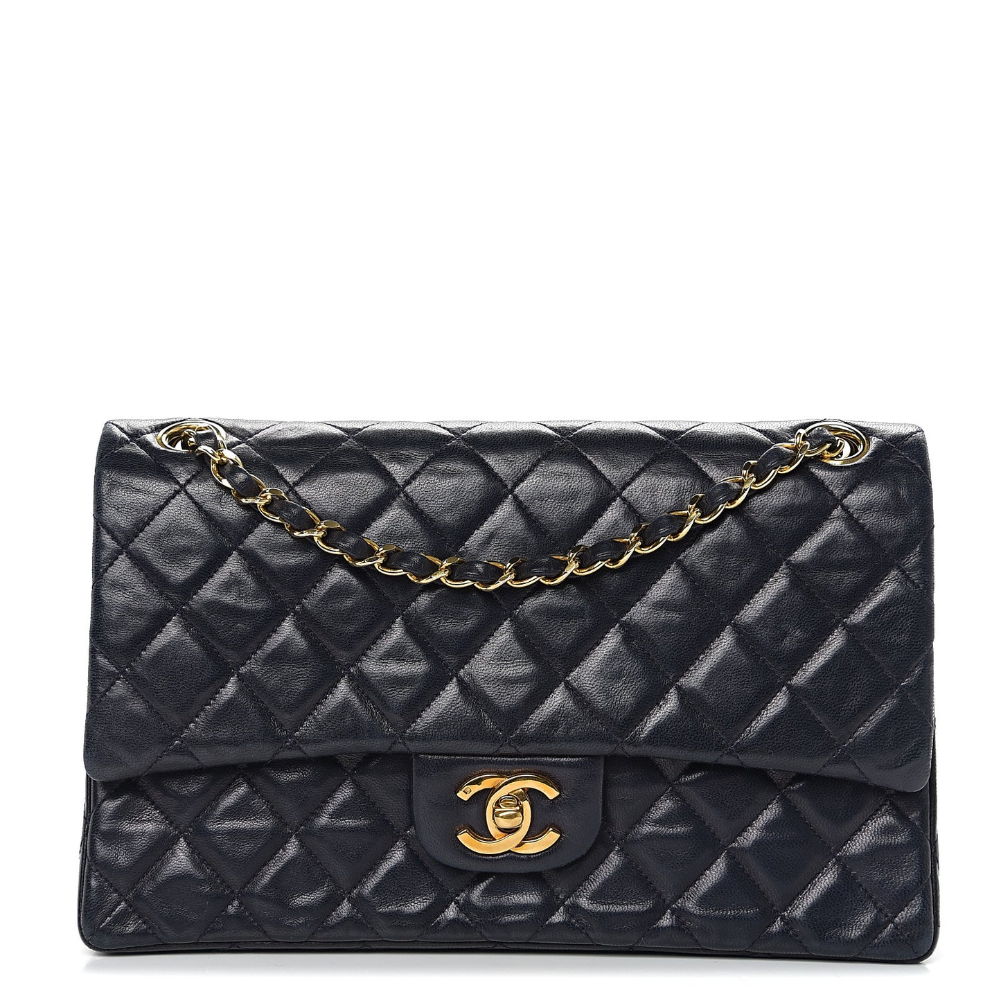 Lambskin Quilted Medium Double Flap Navy