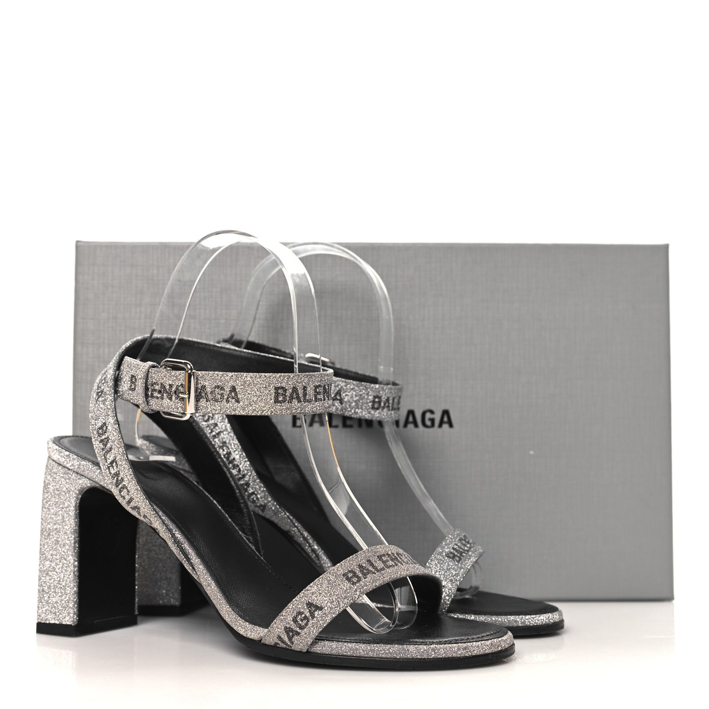 Glitter Allover Logo Ankle Strap Round Heel 80mm Sandals 38 Silver Black