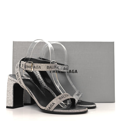 Balenciaga Glitter Allover Logo Ankle Strap Round Heel 80mm Sandals 38 Silver Black 9 of 9