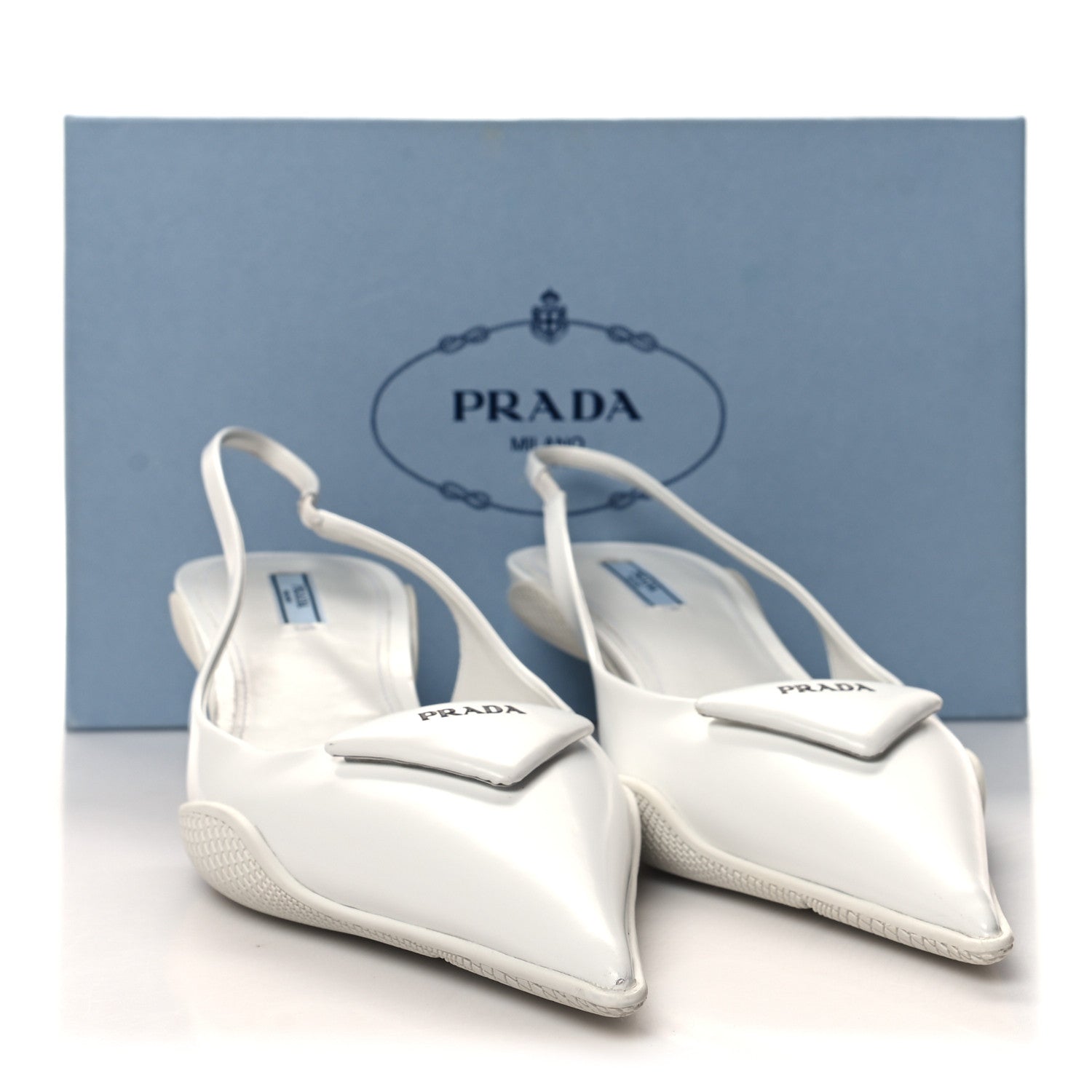 Prada Spazzolato Triangle Logo Pointed Toe 45mm Slingback Pumps 40.5 White 9 of 9