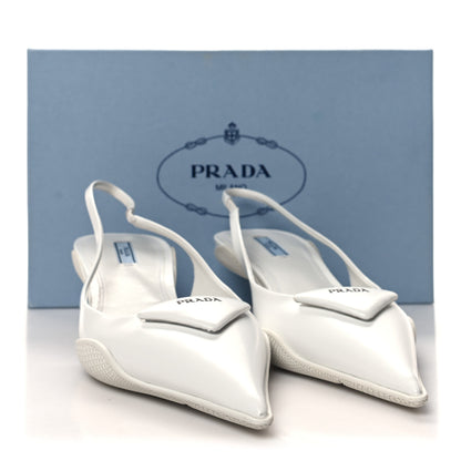 Prada Spazzolato Triangle Logo Pointed Toe 45mm Slingback Pumps 40.5 White 9 of 9
