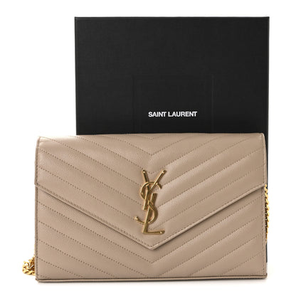 Saint Laurent Grain De Poudre Matelasse Chevron Monogram Chain Wallet Dark Beige 10 of 10