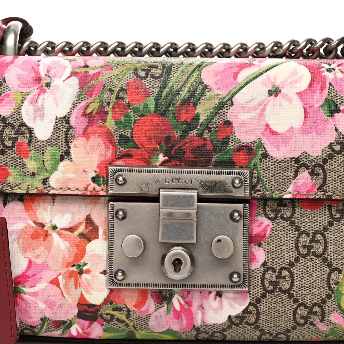 GG Supreme Monogram Blooms Small Padlock Shoulder Bag Beige Multicolor Dry Rose