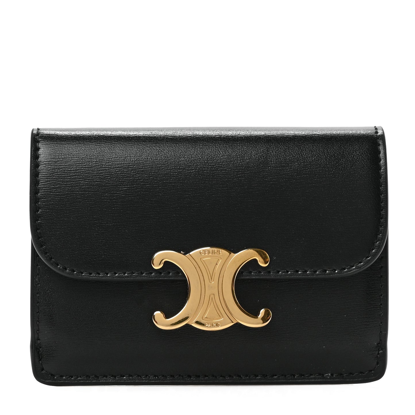 Shiny Calfskin Triomphe Flap Card Holder Black