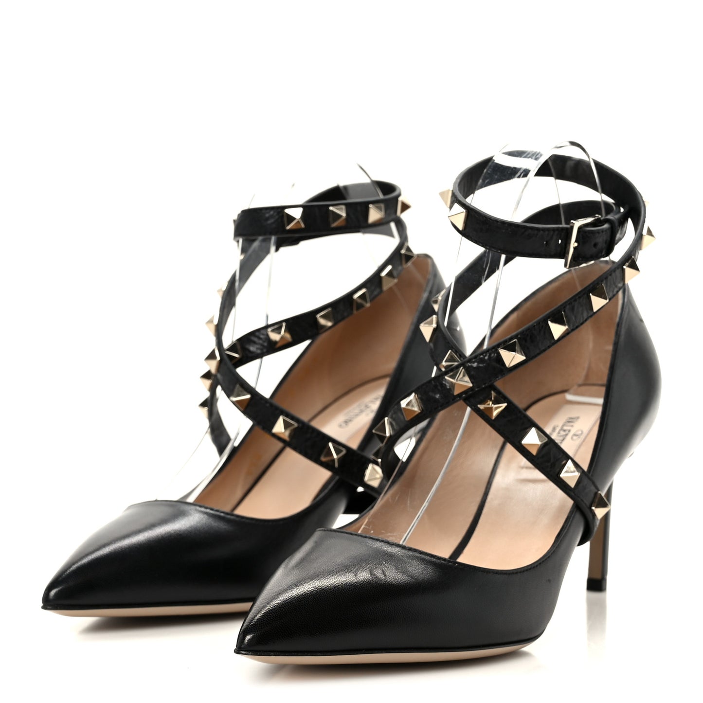 Calfskin Nappa Rockstud Ankle Strap 75mm Pumps 38.5 Black