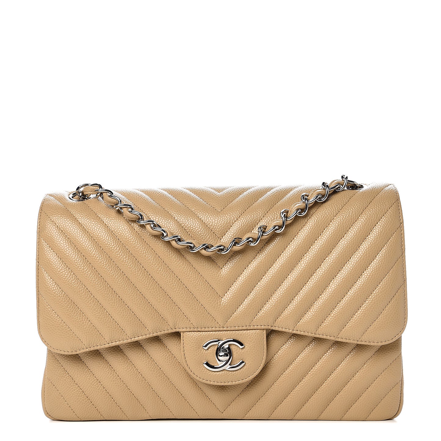 Caviar Chevron Quilted Jumbo Double Flap Beige