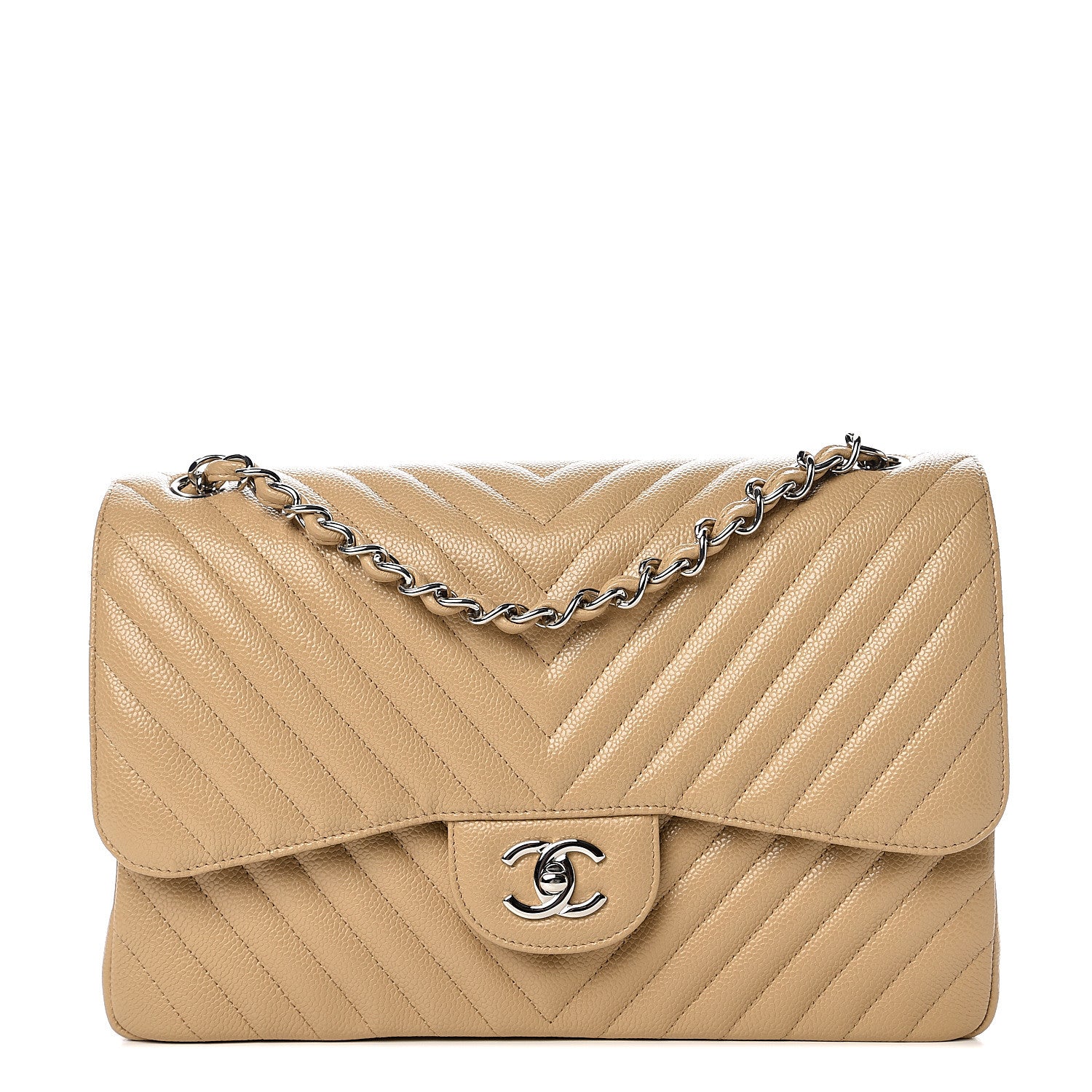 Chanel Caviar Chevron Quilted Jumbo Double Flap Beige 1 of 9