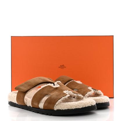 Hermes Suede Goatskin Woolskin Mens Chypre Sandals 41 Brun Fume Ecru 9 of 9