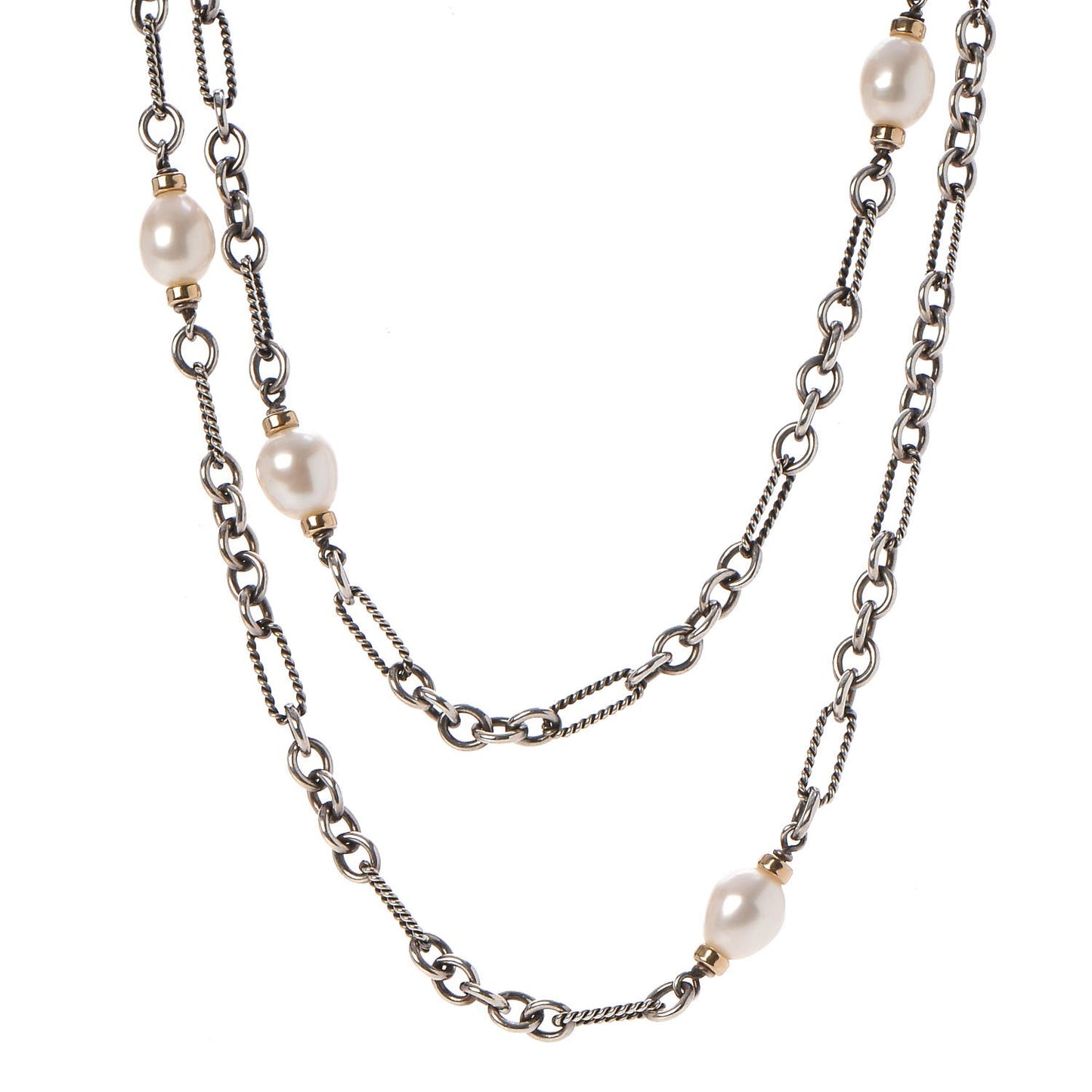 Sterling Silver 18K Yellow Gold Baroque Pearl Long Figaro Chain Necklace