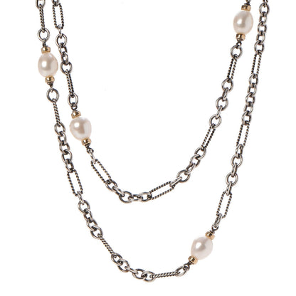 David Yurman Sterling Silver 18K Yellow Gold Baroque Pearl Long Figaro Chain Necklace 1 of 5