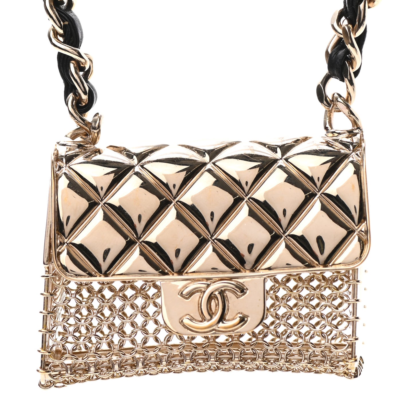 Metal Lambskin Chain Micro Bag Necklace Gold Black