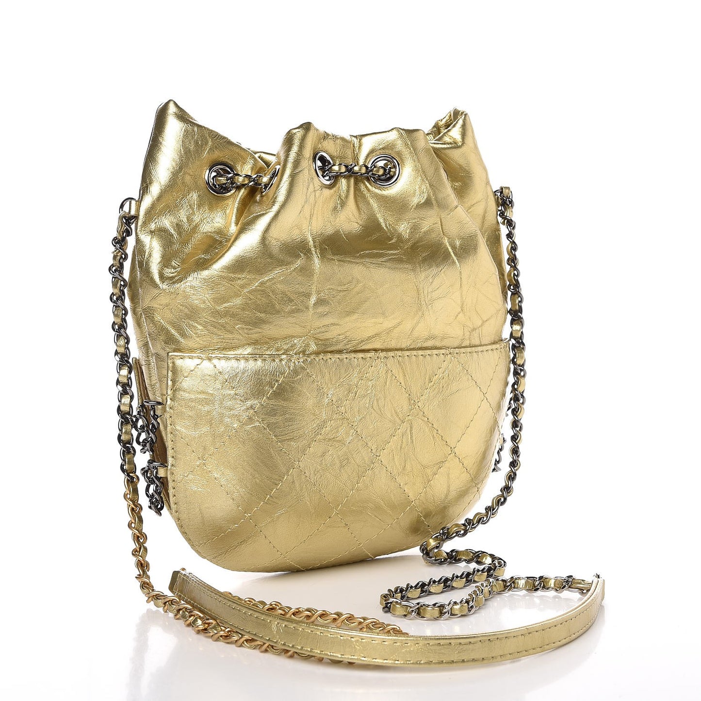 Metallic Aged Calfskin Quilted Small Gabrielle Bucket Gold