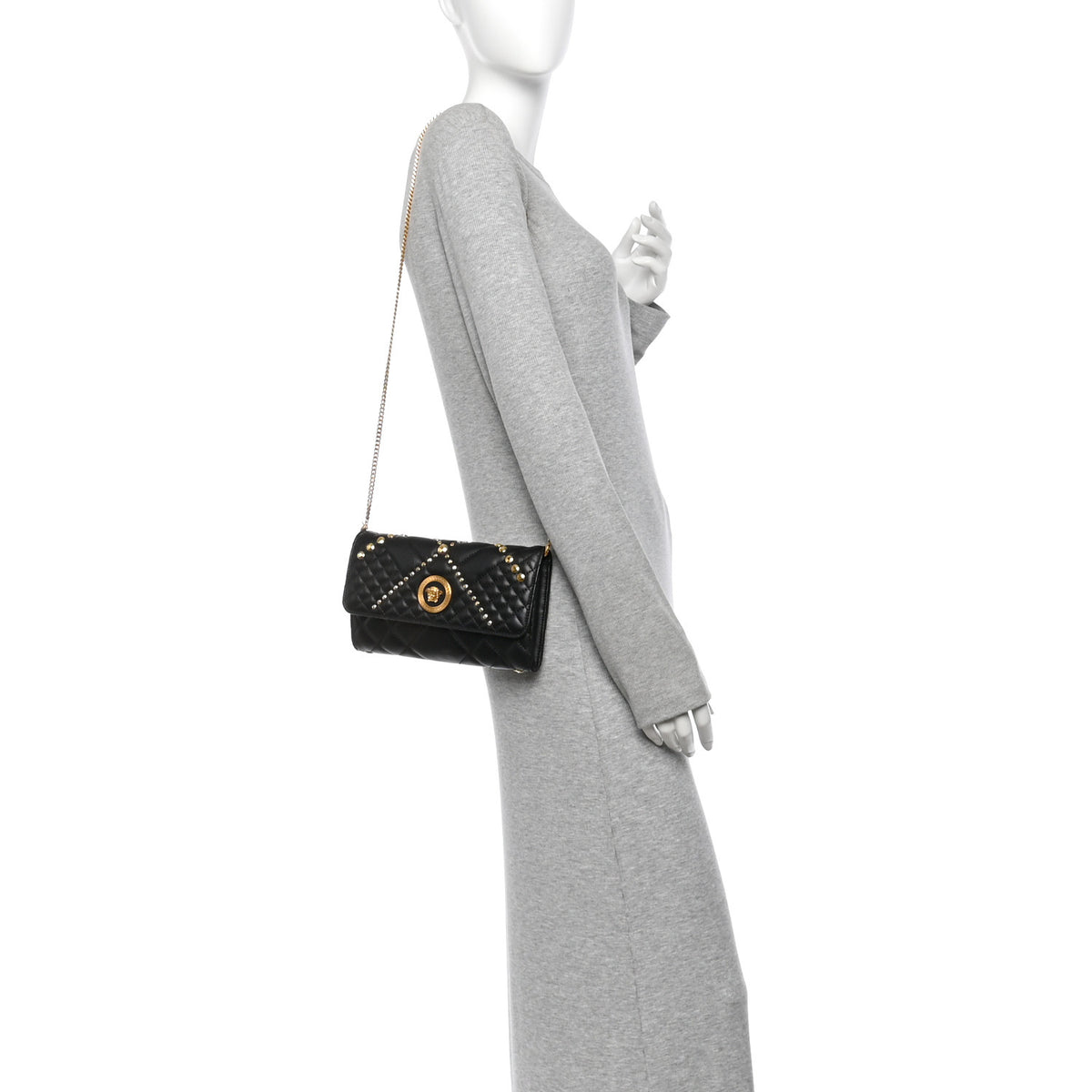 Versace Lambskin Studded Quilted Medusa Wallet on Chain Crossbody Black Gold 2 of 11