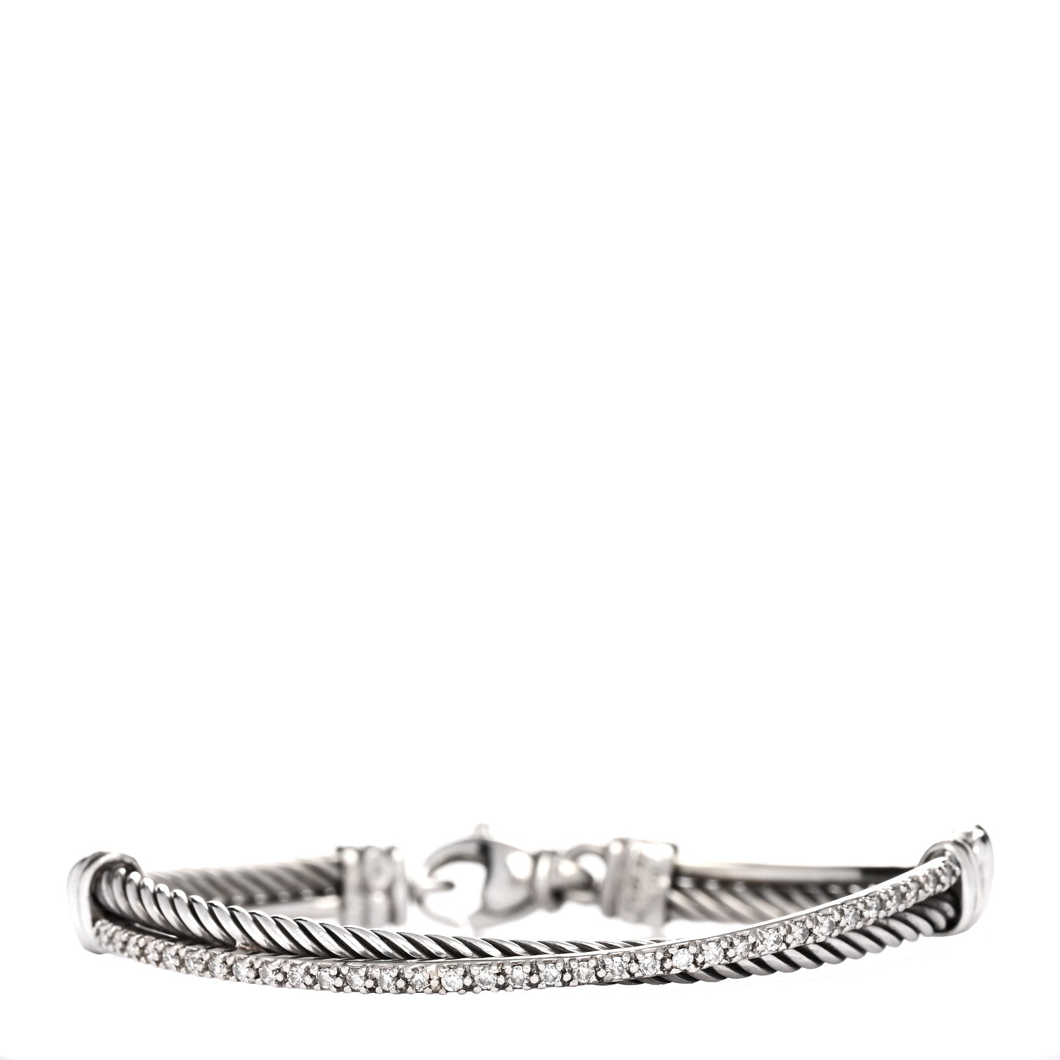 David Yurman Sterling Silver 14K White Gold Diamond 3mm Crossover Bracelet 1 of 3