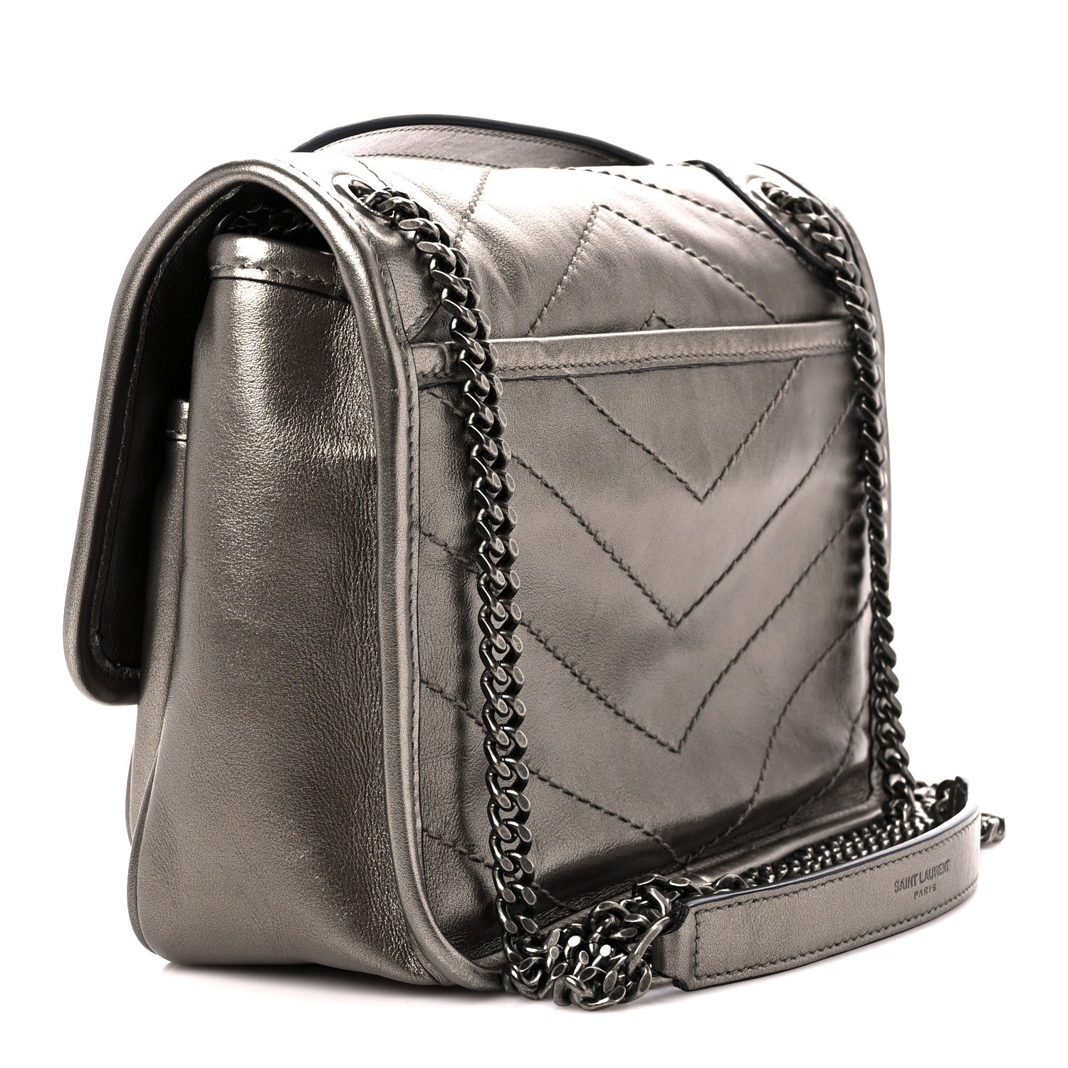 Saint Laurent Crinkled Calfskin Matelasse Monogram Baby Niki Chain Satchel Platinum 3 of 11