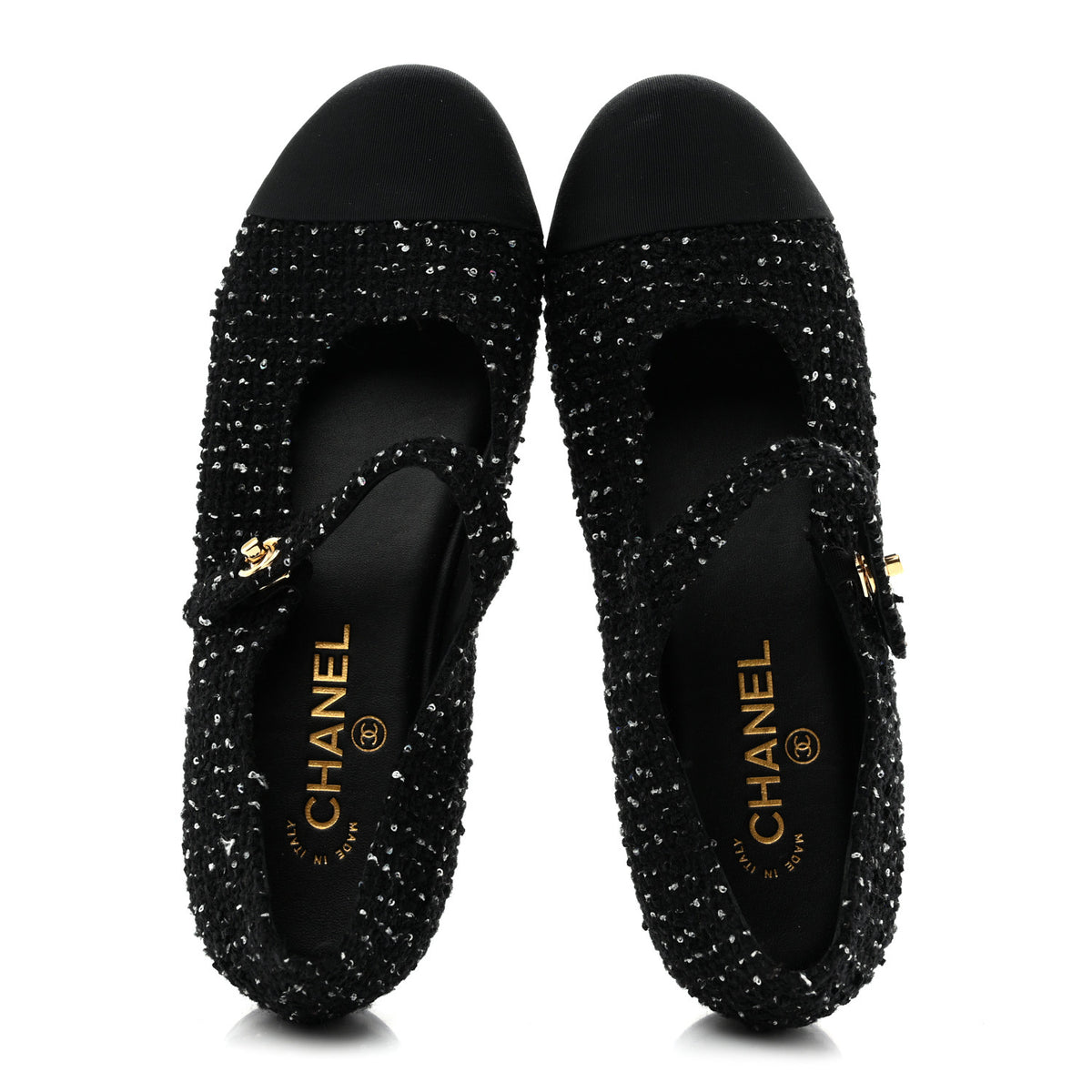 Tweed Sequin Grosgrain Cap Toe Mary Jane Flats 39 Black