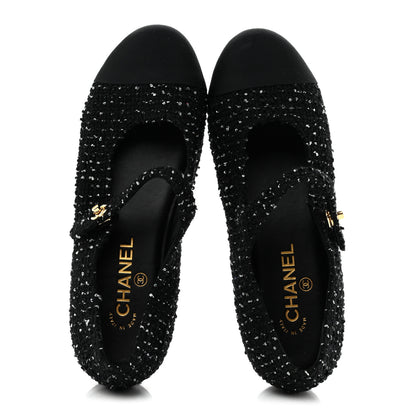 Chanel Tweed Sequin Grosgrain Cap Toe Mary Jane Flats 39 Black 2 of 11