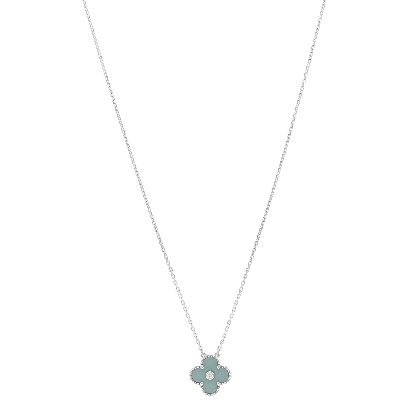 18K White Gold Diamond Celadon Green Sevres Porcelain Vintage Alhambra Pendant Necklace