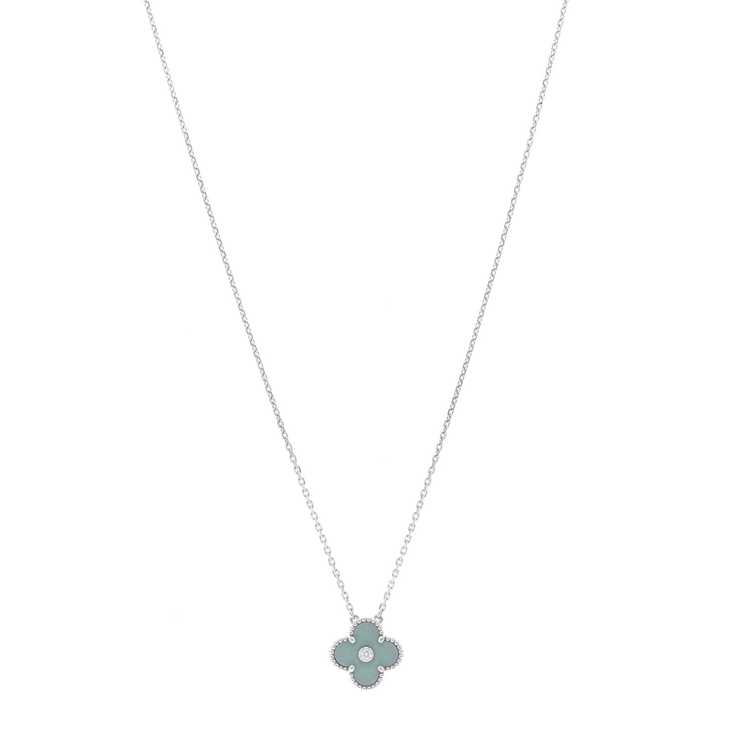 Van Cleef & Arpels 18K White Gold Diamond Celadon Green Sevres Porcelain Vintage Alhambra Pendant Necklace 1 of 6
