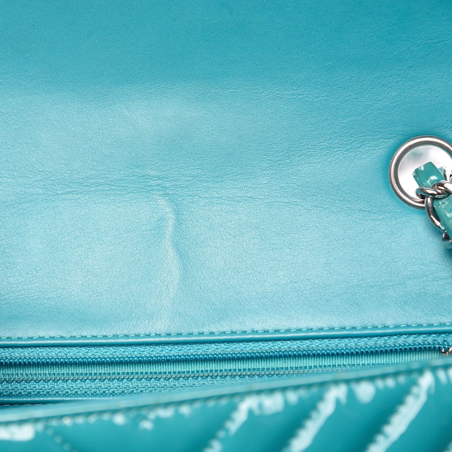 Patent Calfskin Chevron Quilted Mini Rectangular Flap Blue