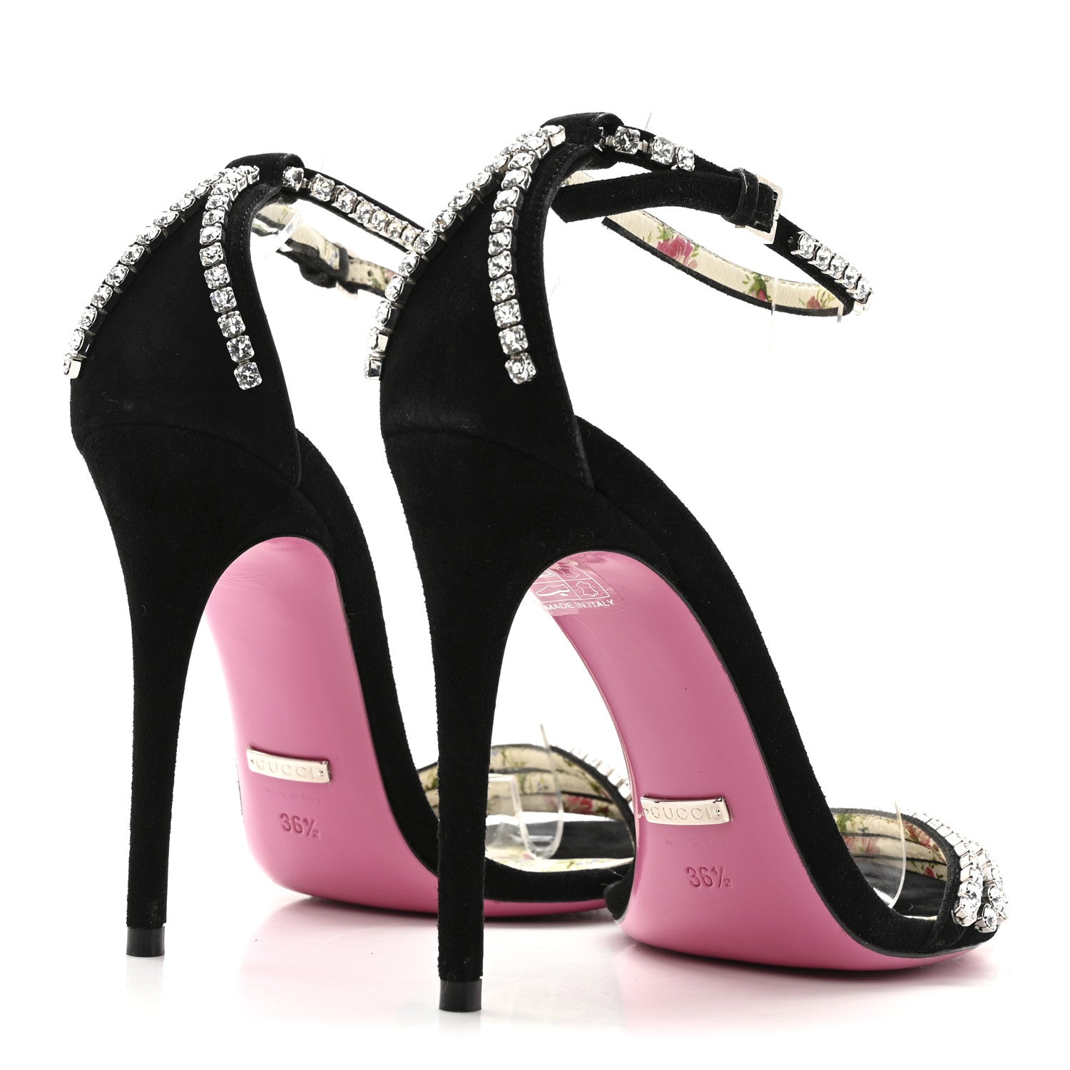 Gucci Kid Scamosciato Crystal Ankle Strap High Heel Sandals 36.5 Black 4 of 10