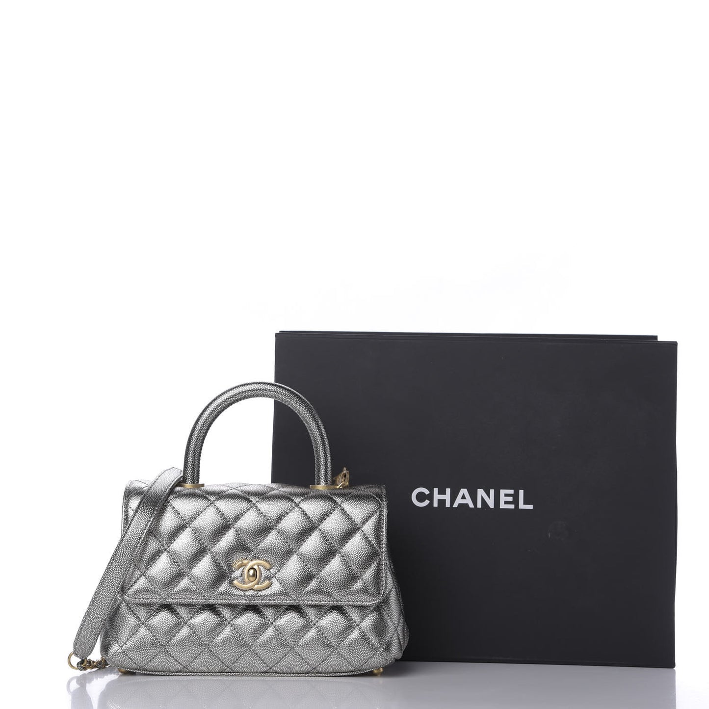 Metallic Caviar Quilted Mini Coco Handle Flap Silver