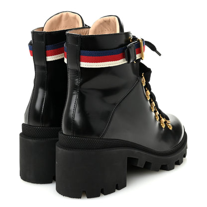 Gucci Calfskin Sylvie Web Womens Lace Up Combat Boots 37.5 Black 4 of 8