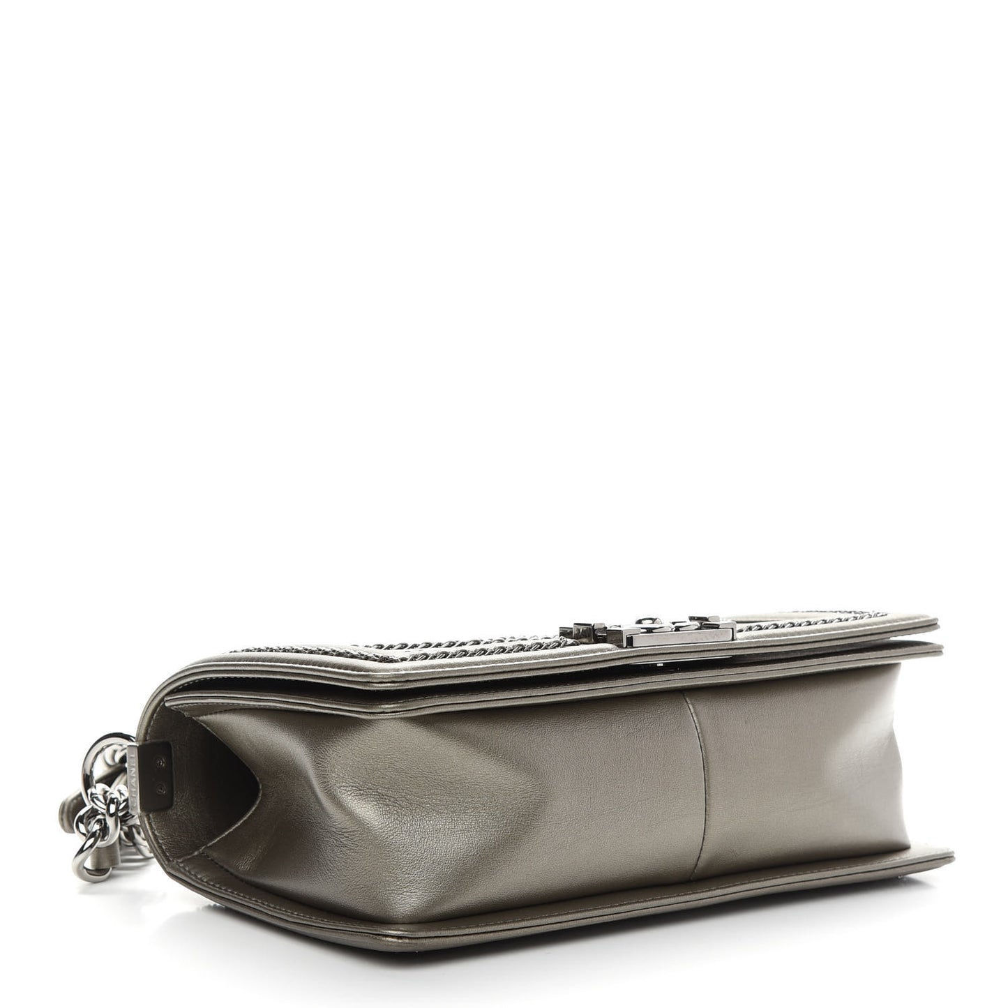 Metallic Crumpled Calfskin Chevron Chain Medium Boy Flap Grey
