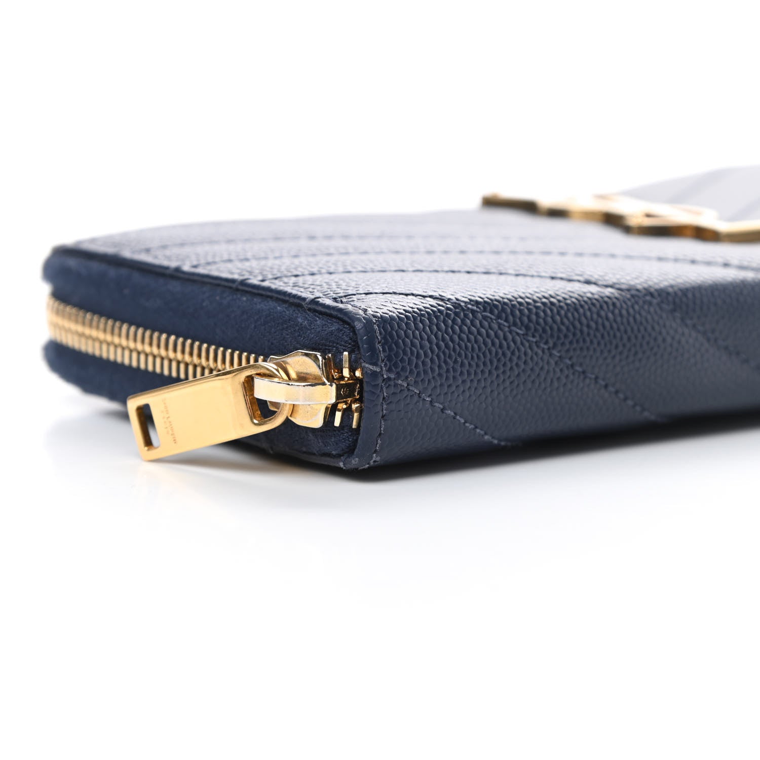 Saint Laurent Grain De Poudre Matelasse Chevron Monogram Zip Around Wallet Navy 8 of 9