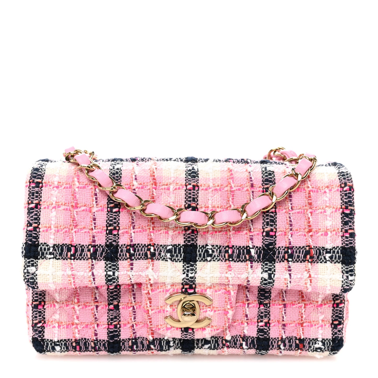 Metallic Tweed Quilted Mini Rectangular Flap Pink Navy White