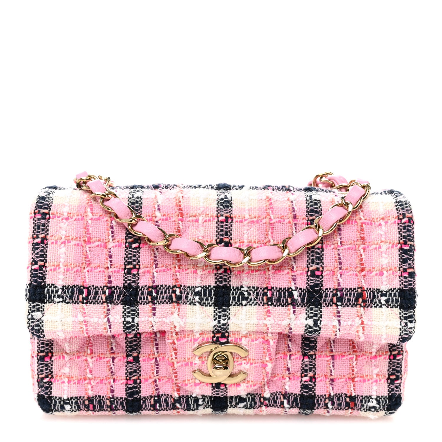 Chanel Metallic Tweed Quilted Mini Rectangular Flap Pink Navy White 1 of 10