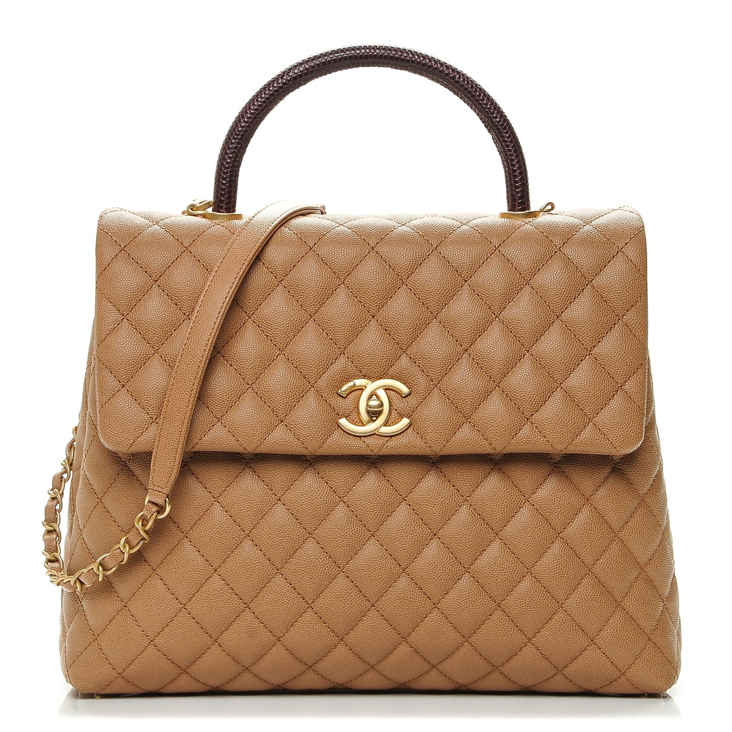 Caviar Lizard Quilted Large Coco Handle Flap Beige