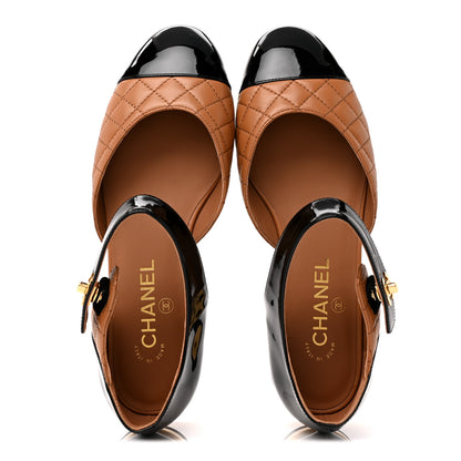 Chanel Patent Lambskin Quilted Cap Toe Ballerina Flats 38.5 Light Brown Black 2 of 10