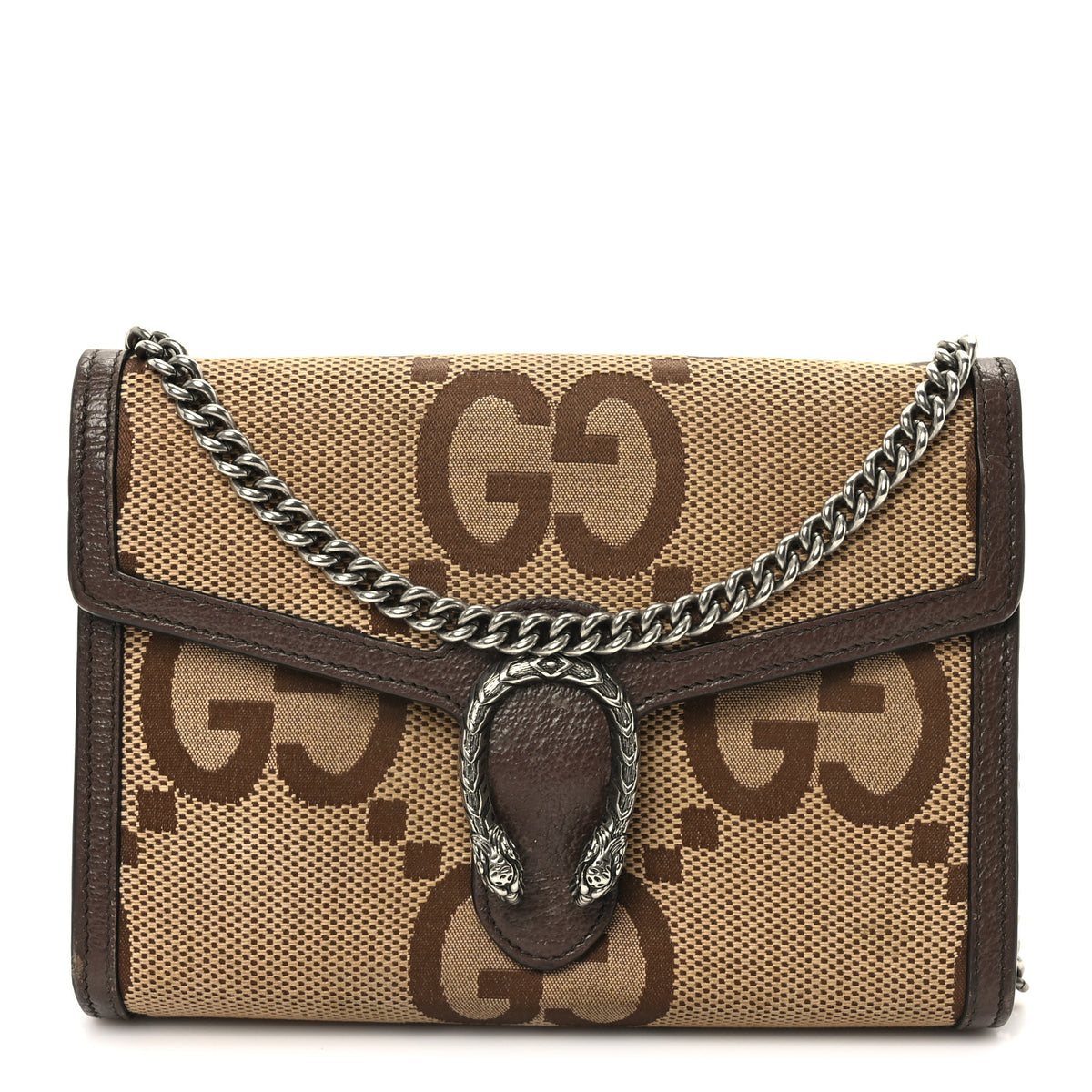 Monogram Jumbo GG Textured Dollar Calfskin Mini Dionysus Chain Wallet Camel Ebony New Acero