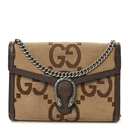 Gucci Monogram Jumbo GG Textured Dollar Calfskin Mini Dionysus Chain Wallet Camel Ebony New Acero 1 of 9