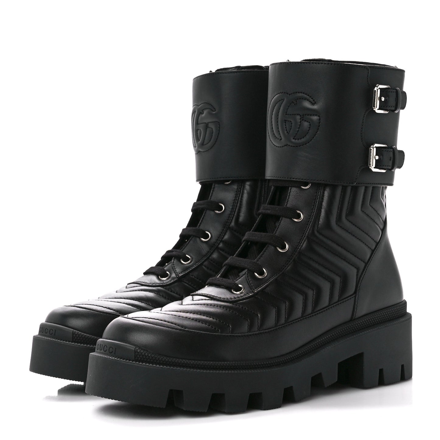Nappa Frances GG Matelasse Platform Combat Boots 39.5 Black