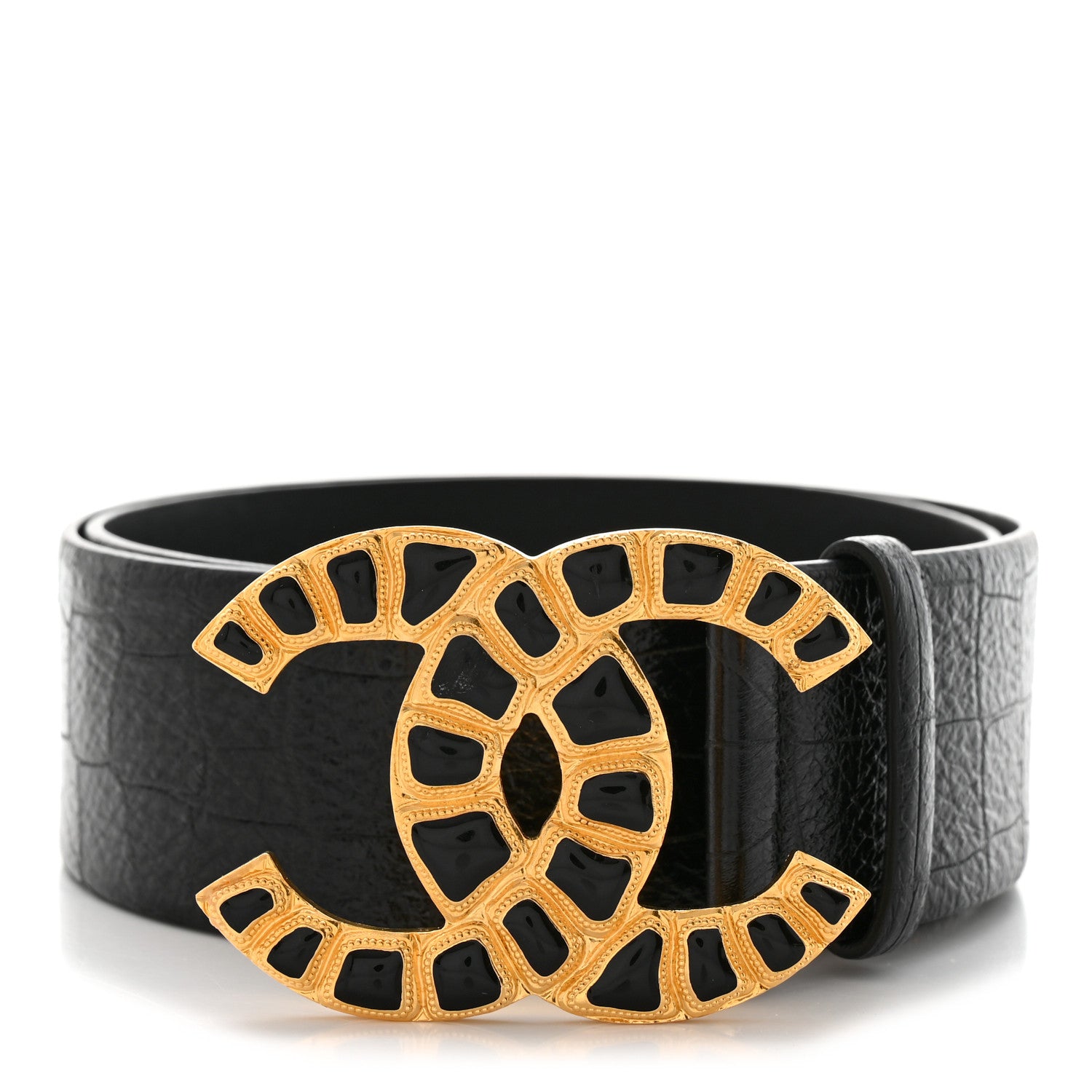 Chanel Crocodile Embossed Calfskin Gripoix Poured Glass Along The Nile CC Belt 80 32 Black 1 of 5
