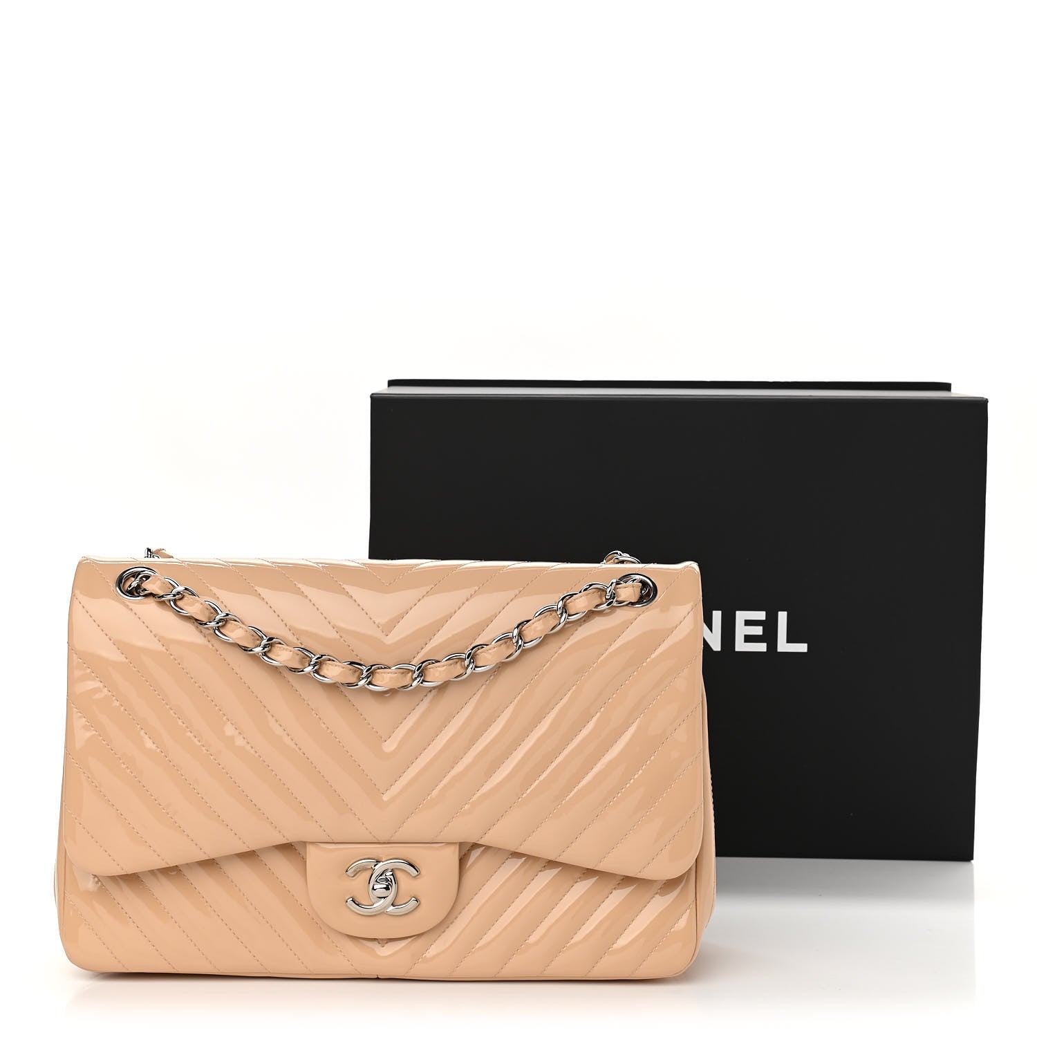 Chanel Patent Chevron Quilted Jumbo Double Flap Beige 11 of 11