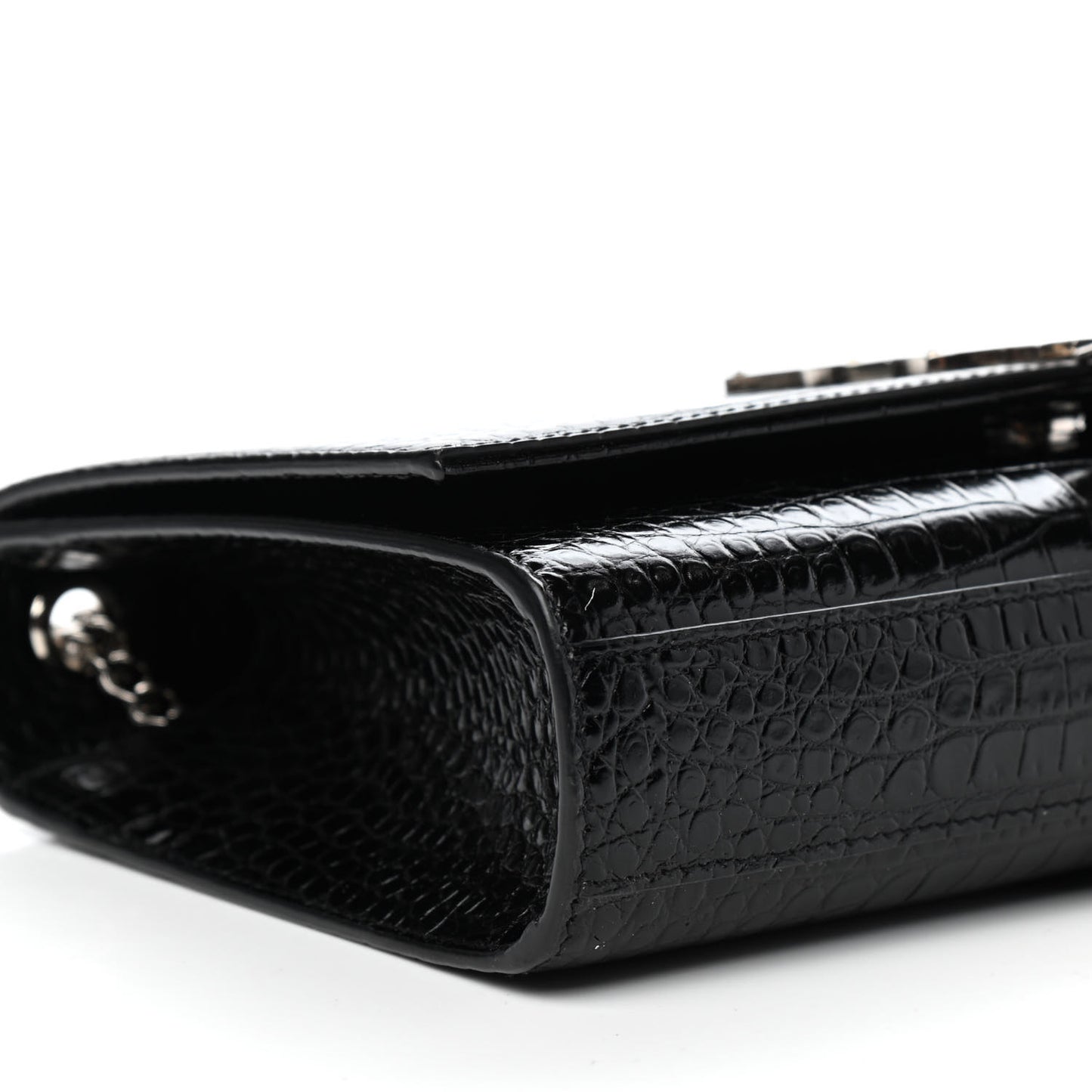 Calfskin Crocodile Embossed Medium Classic Monogram Kate Tassel Satchel Black