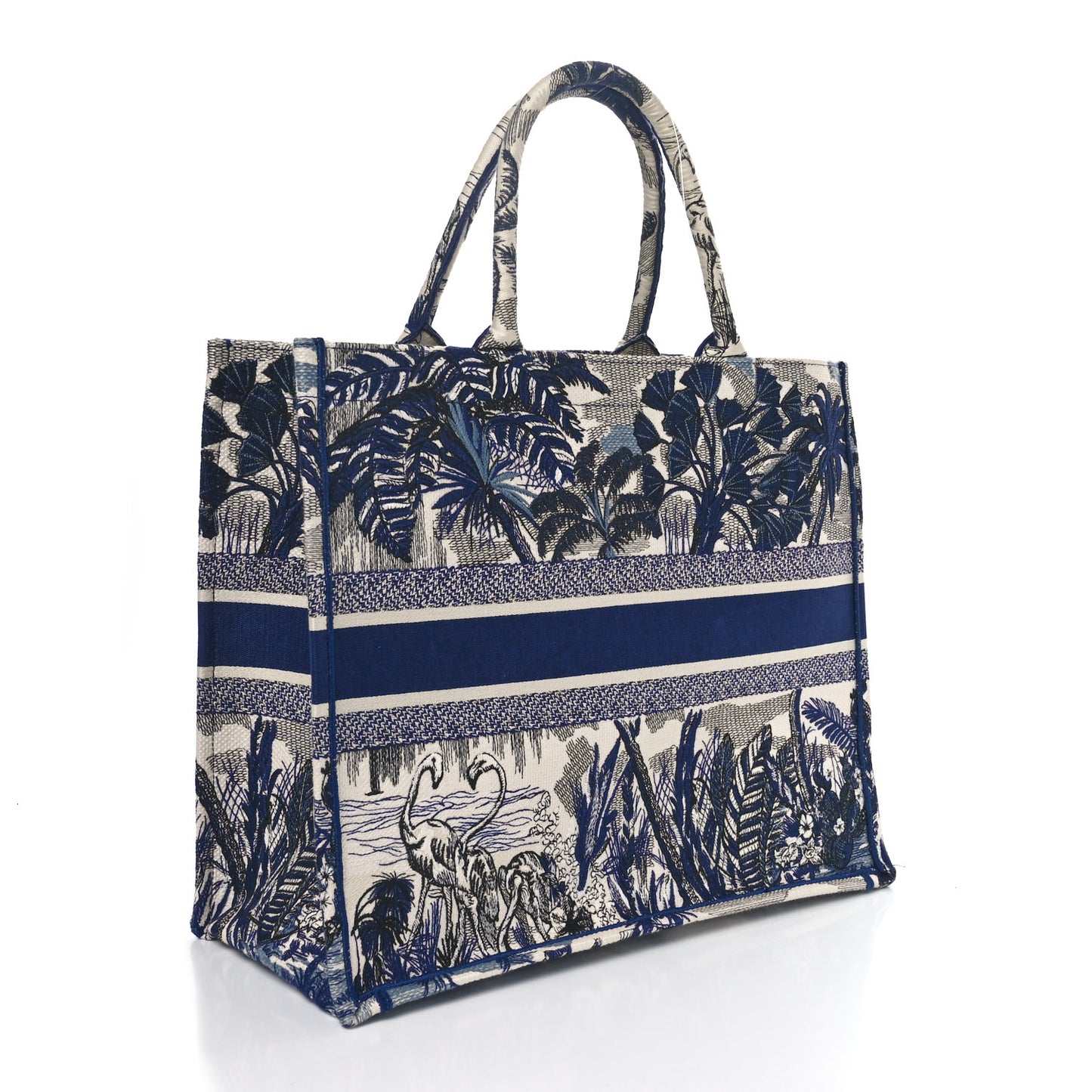 Canvas Embroidered Large Palm Tree Toile De Jouy Book Tote Blue