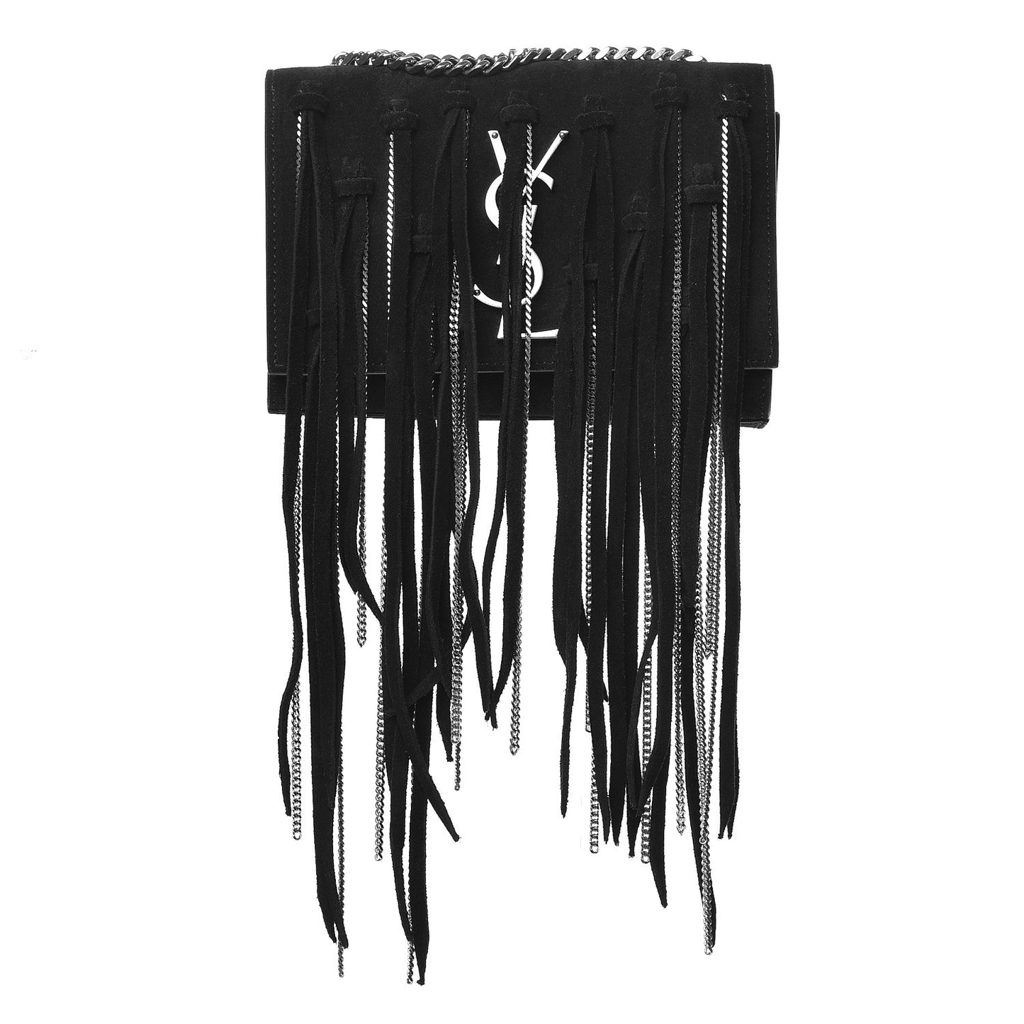Suede Fringe Chain Small Monogram Satchel Black