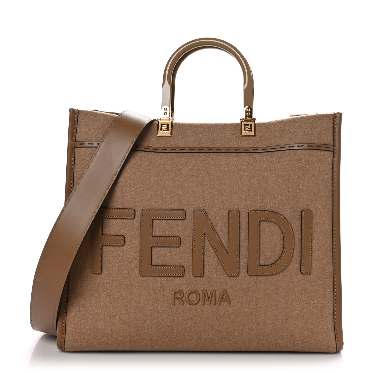 Fendi Flannel Vitello King Wool Plexiglass FF Logo Embroidered Medium Fendi Sunshine Shopper Tote Brown 1 of 8